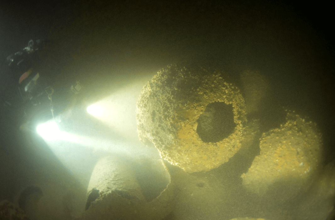 naval sea mine photographed with powerful lights