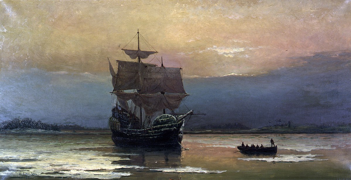 Mayflower Memorial painting of Mayflower by William Halsall