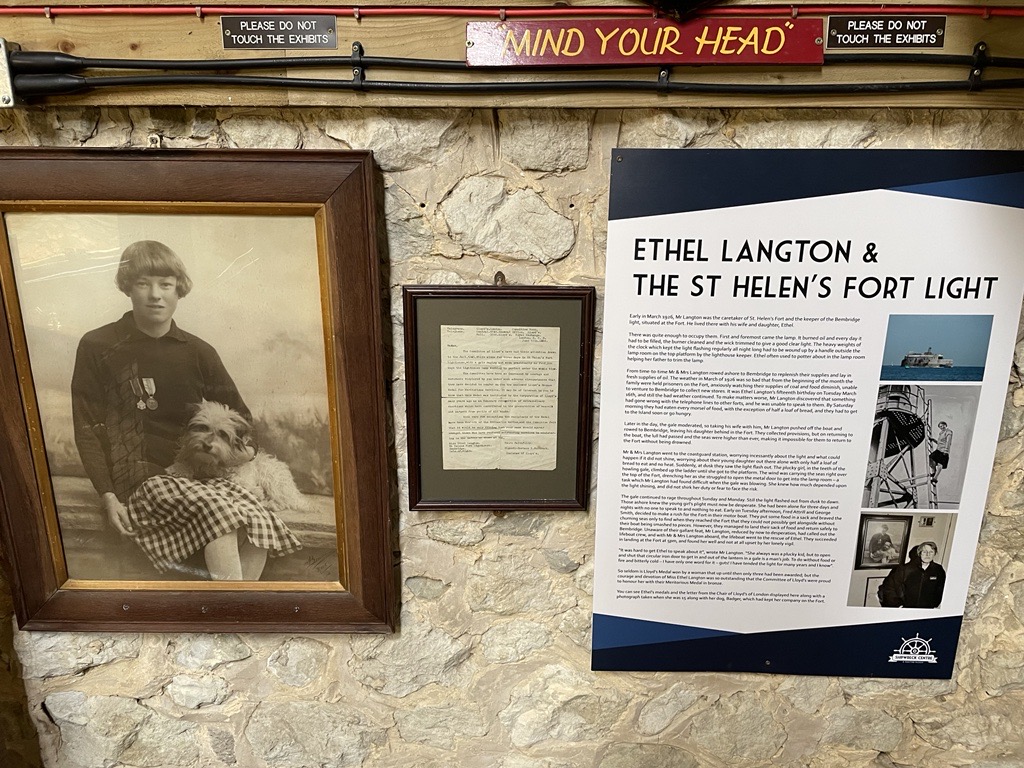 Wall in the Shipwreck Centre and Maritime Museum showing a picture of Ethel with her dog, an information board telling her story. Also on display is a letter she received for her bravery.